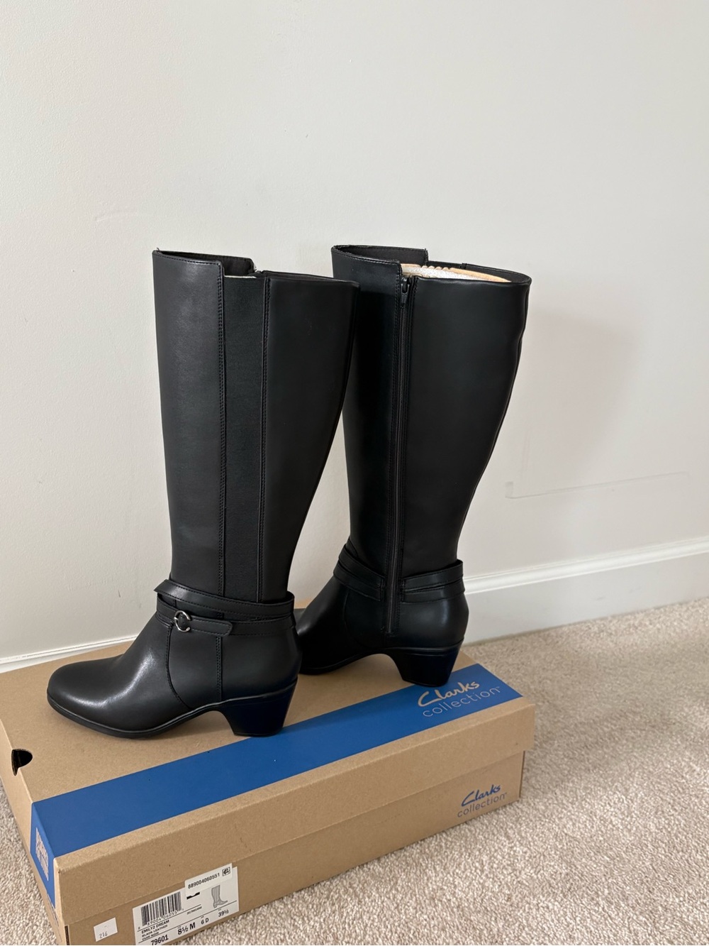 Clarks Black Leather Mid-Heel Knee Boots